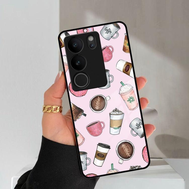 Cute Coffee Snacks Glass Case Cover For Vivo - ShopOnCliQ