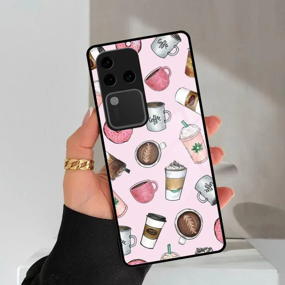 Cute Coffee Snacks Glass Case Cover For Vivo - ShopOnCliQ
