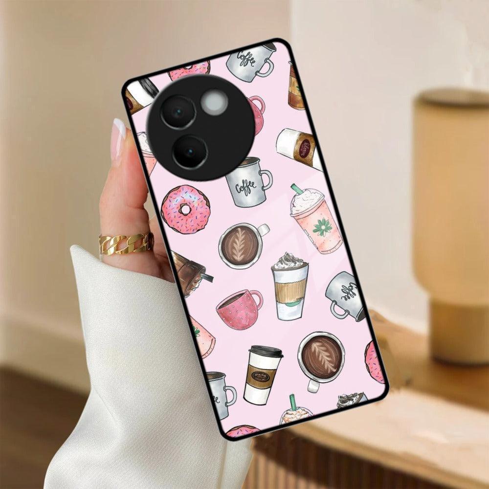 Cute Coffee Snacks Glass Case Cover For Vivo - ShopOnCliQ
