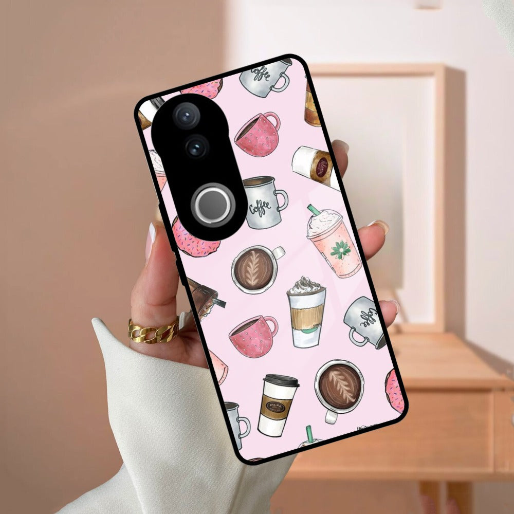 Cute Coffee Snacks Glass Case Cover For iQOO