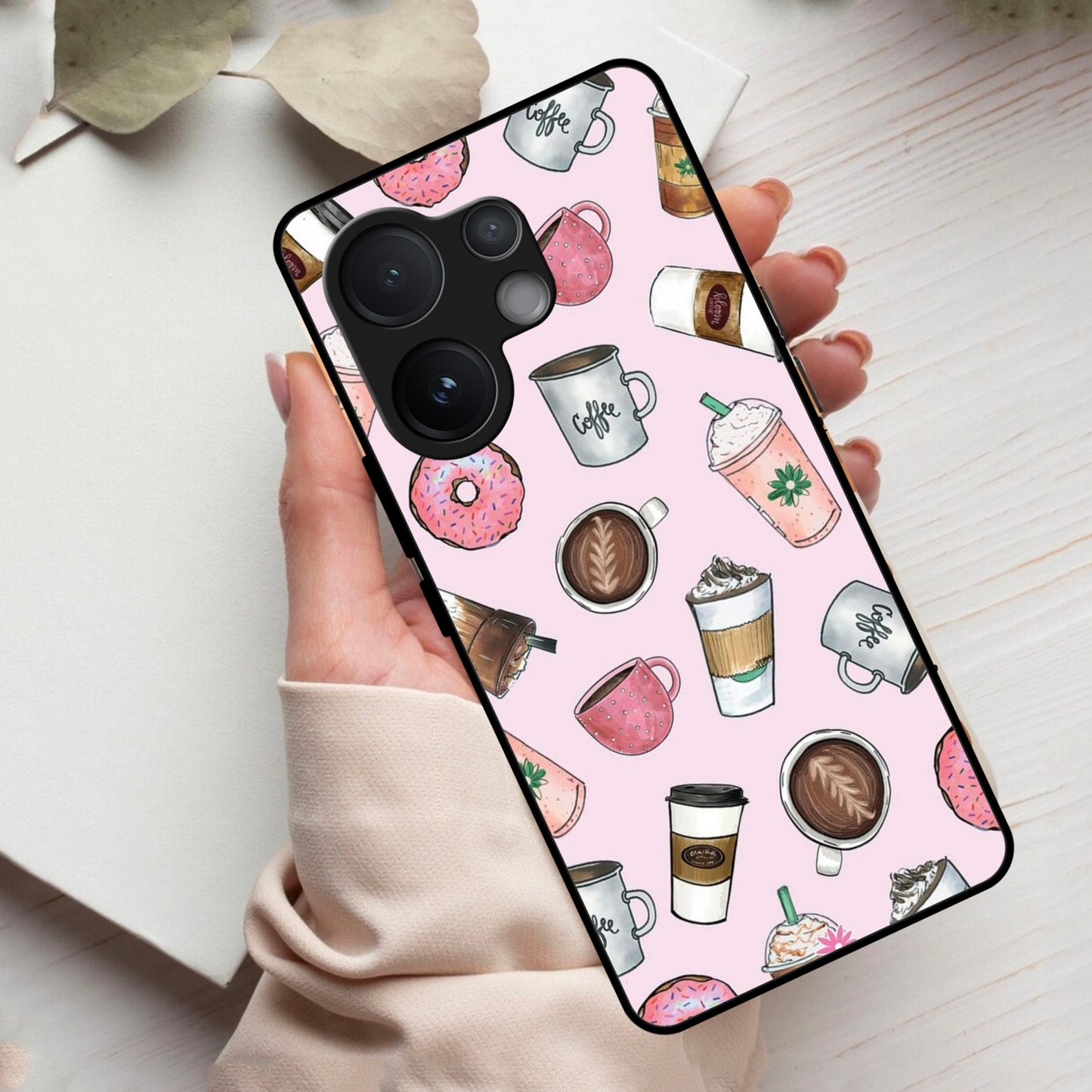 Cute Coffee Snacks Glass Case Cover For Vivo