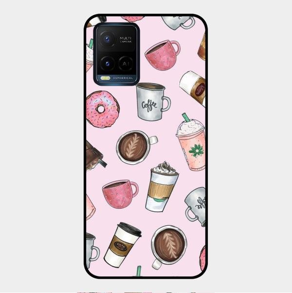 Cute Coffee Snacks Glass Case Cover For Vivo Y21E