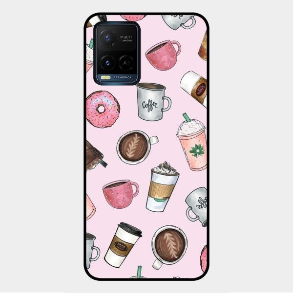 Cute Coffee Snacks Glass Case Cover For Vivo Y21G