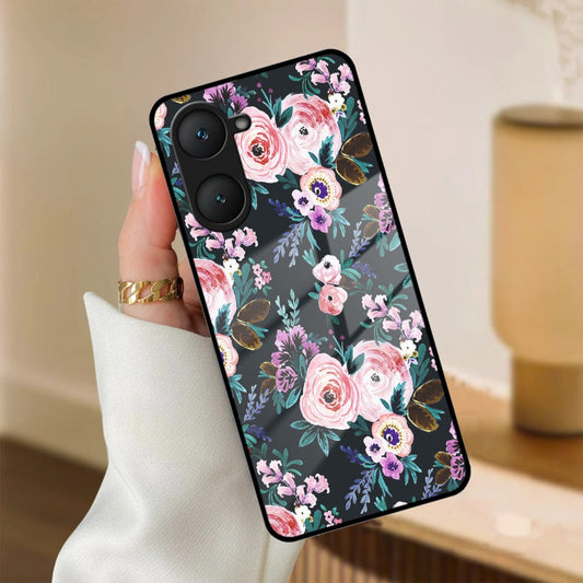 Cute Floral Glass Case Cover For iQOO