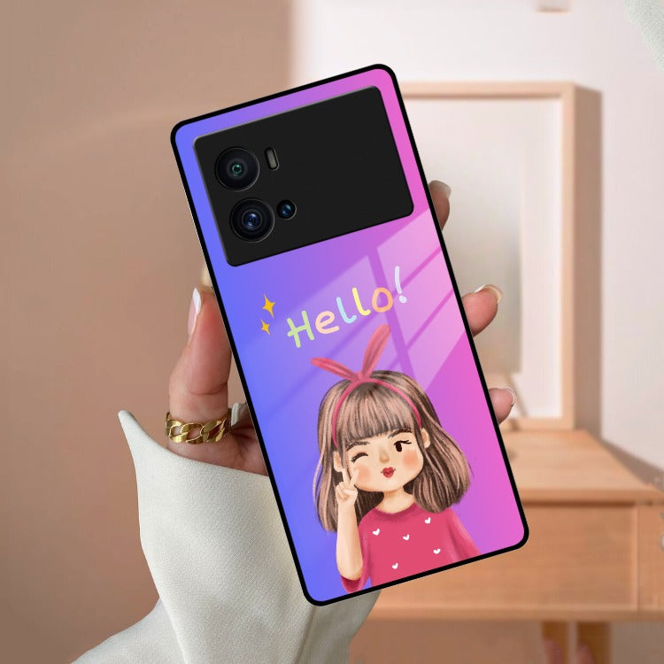 Cute Girl Hello Glass Case For iQOO