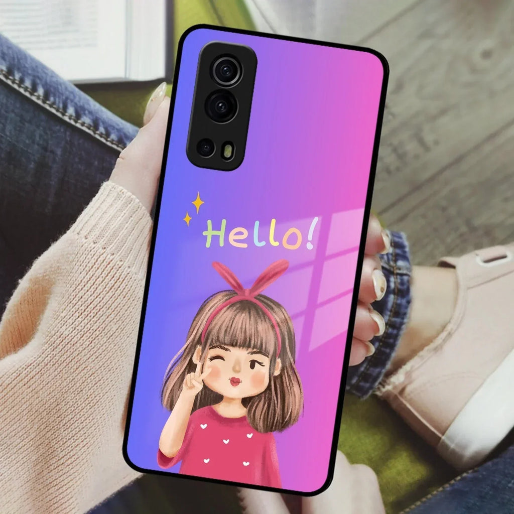 Cute Girl Hello Glass Case For iQOO - ShopOnCliQ