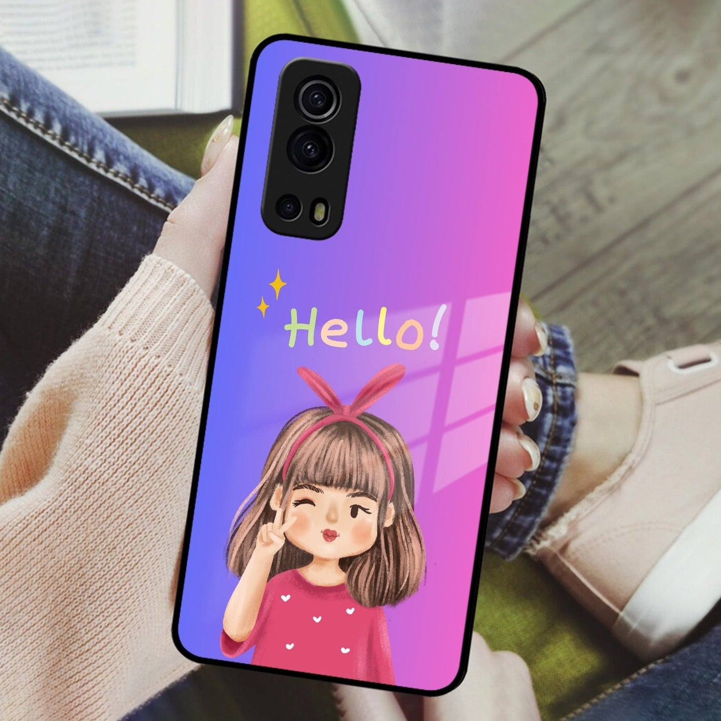 Cute Girl Hello Glass Case For iQOO