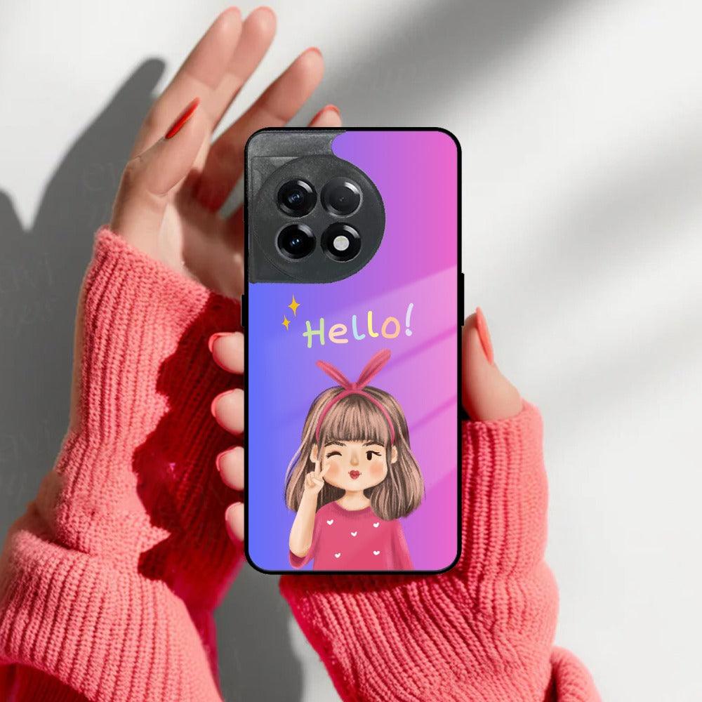 Cute Girl Hello Glass Case For OnePlus