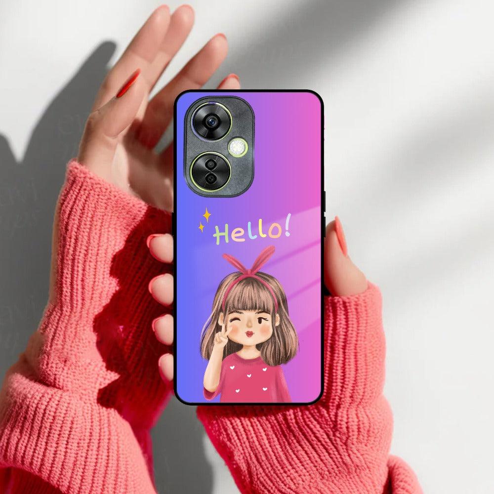 Cute Girl Hello Glass Case For OnePlus