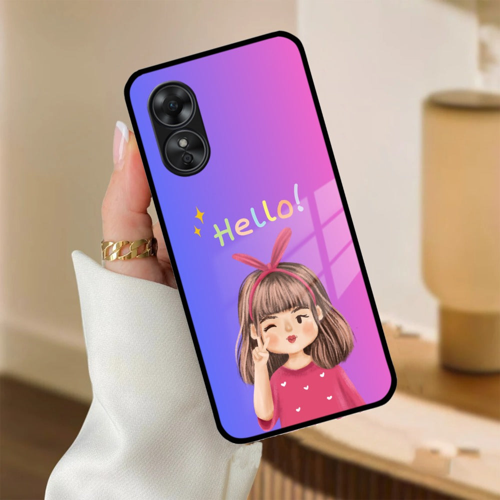 Cute Girl Hello Glass Case For Oppo