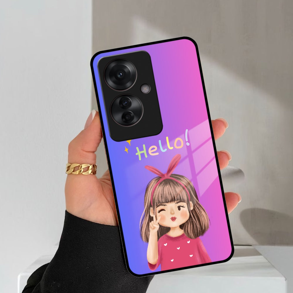 Cute Girl Hello Glass Case For Oppo