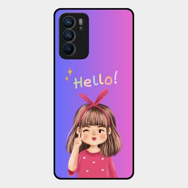 Cute Girl Hello Glass Case For Oppo Reno 6 5G
