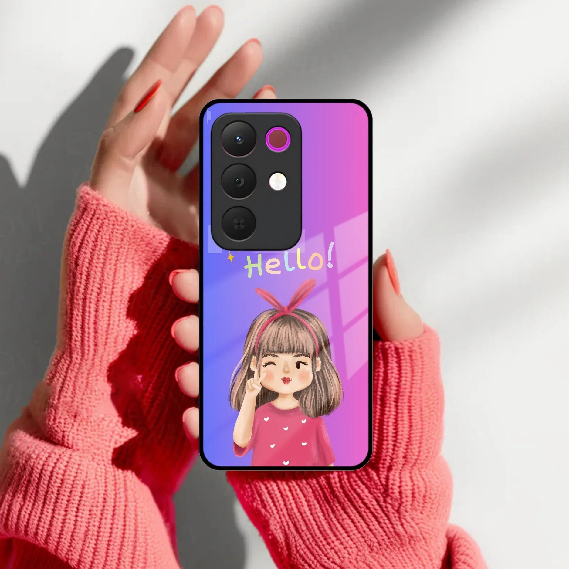 Cute Girl Hello Glass Case For Realme/Narzo