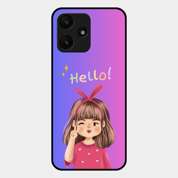 Cute Girl Hello Glass Case For Redmi 12 5G