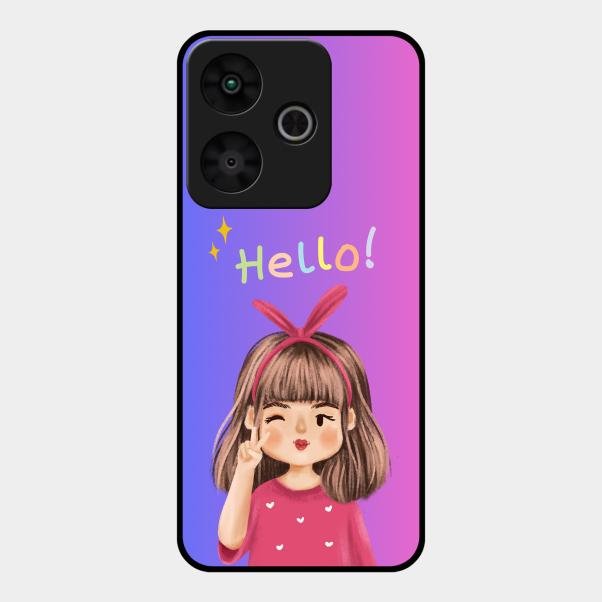 Cute Girl Hello Glass Case For Redmi 13 5G