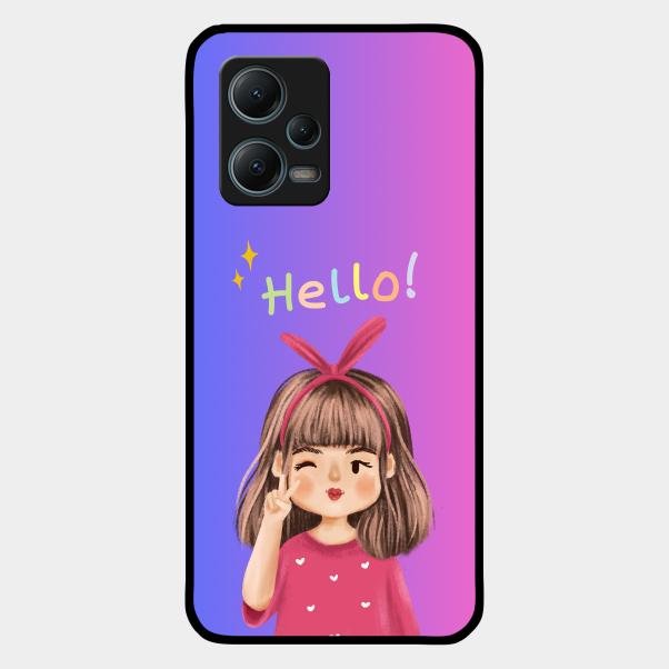 Cute Girl Hello Glass Case For Redmi Note 12 5G