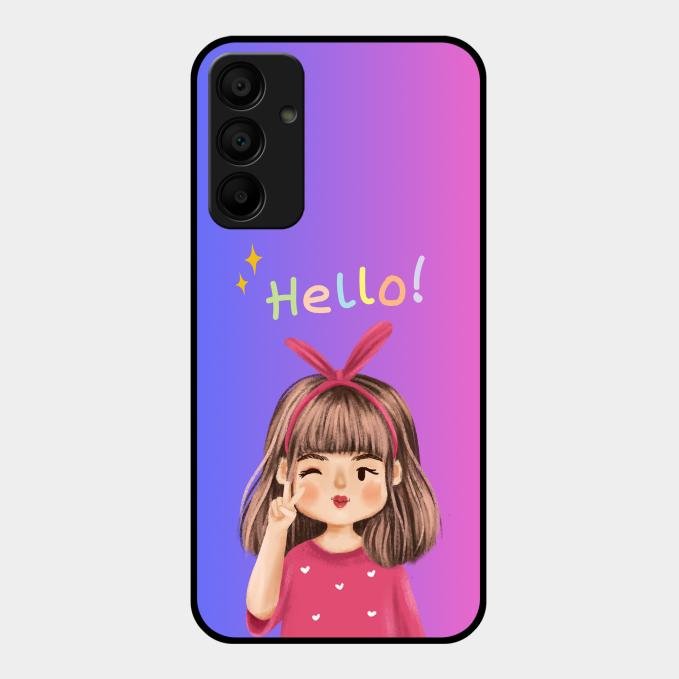 Cute Girl Hello Glass Case For Samsung Galaxy F15 5G