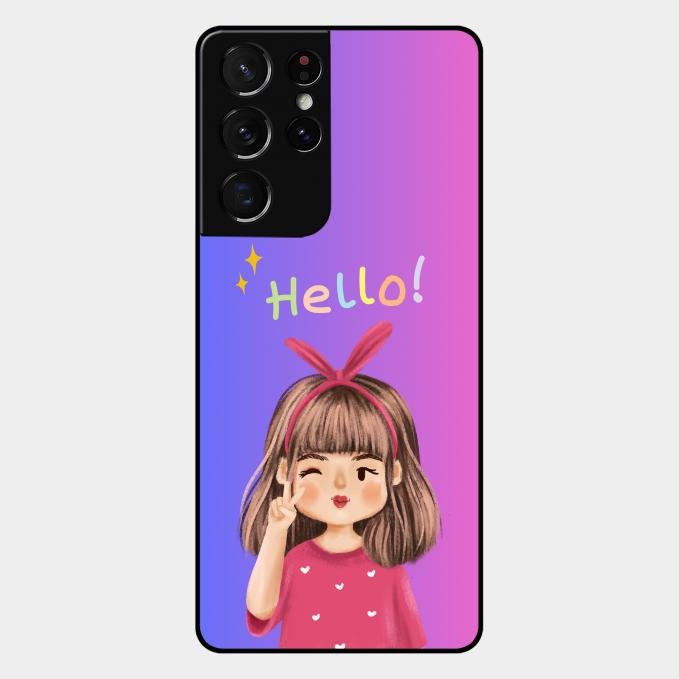Cute Girl Hello Glass Case For Samsung Galaxy S21 Ultra
