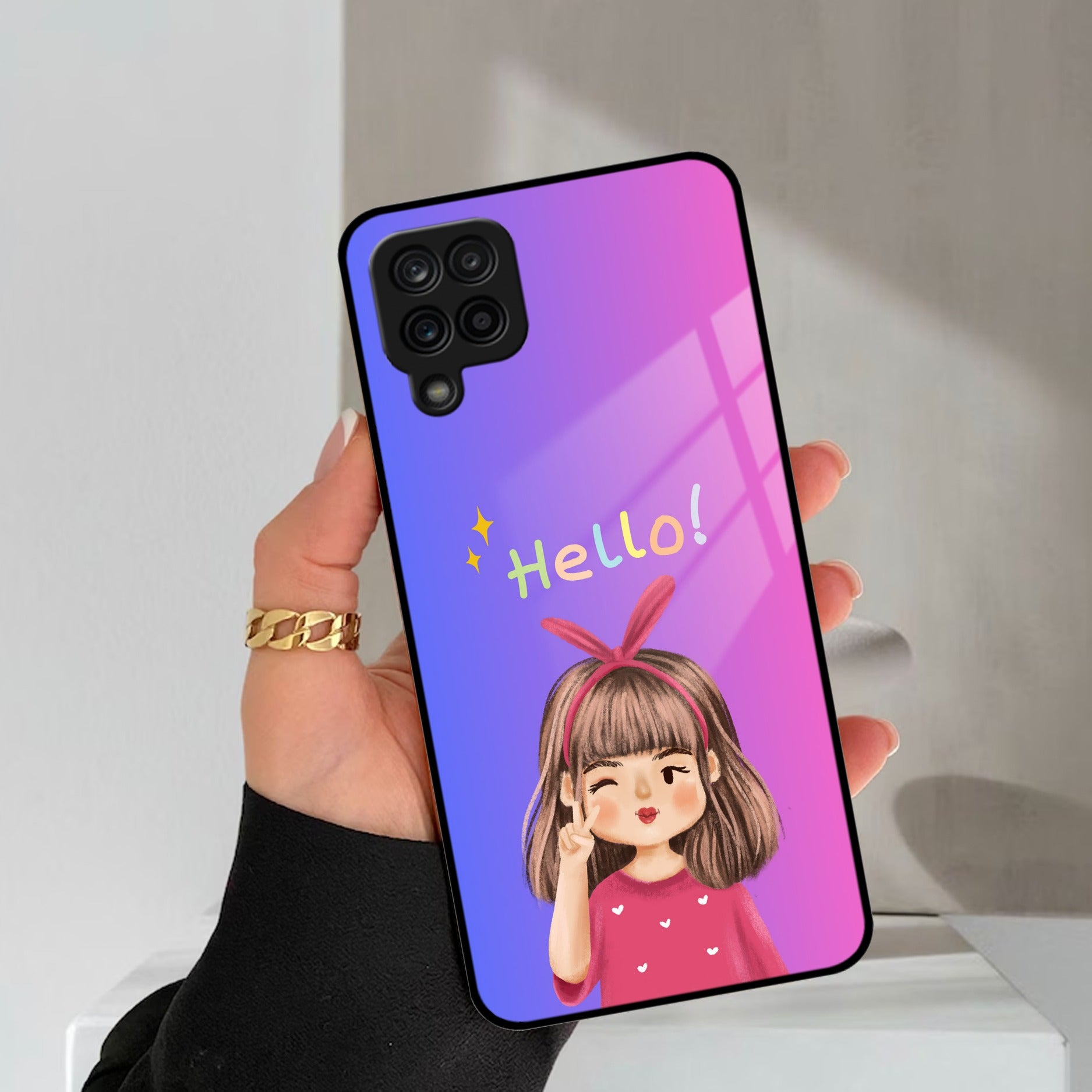 Cute Girl Hello Glass Case For Samsung Galaxy A42 5G
