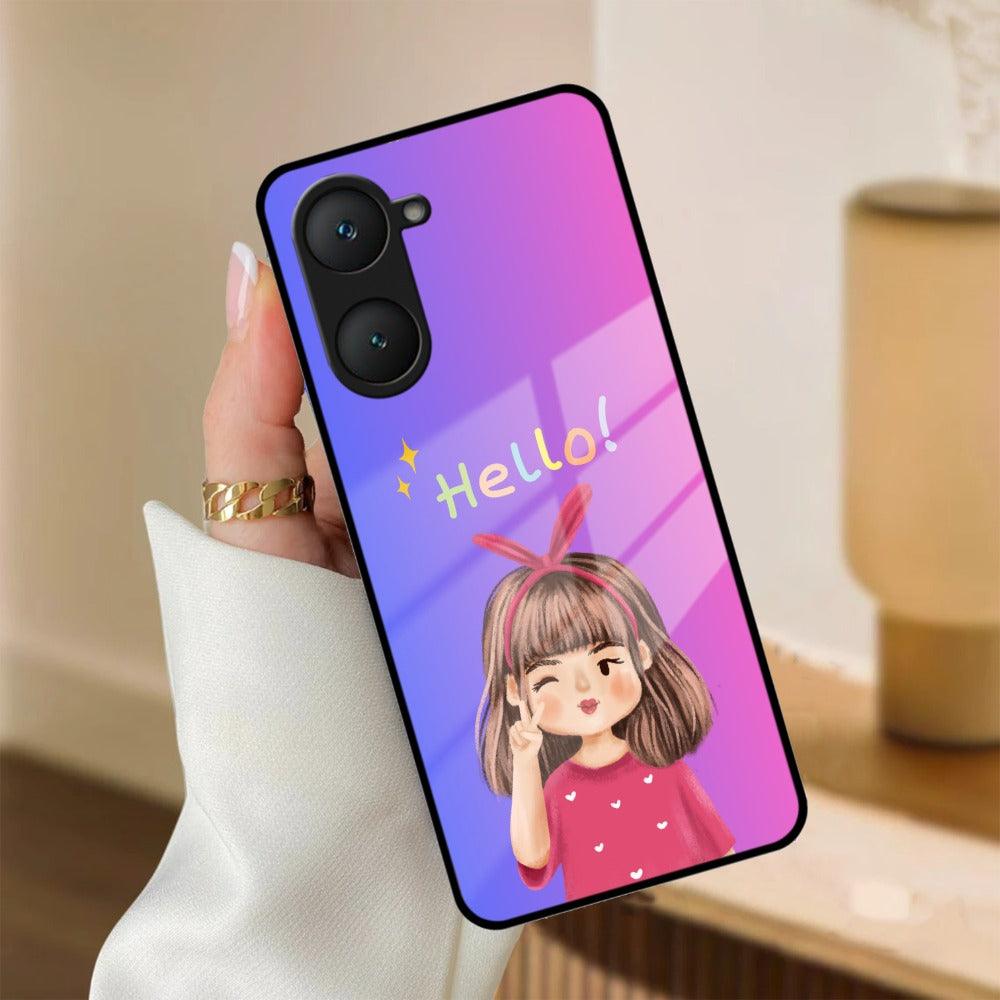 Cute Girl Hello Glass Case For iQOO