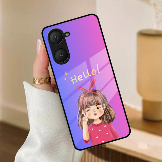 Cute Girl Hello Glass Case For iQOO