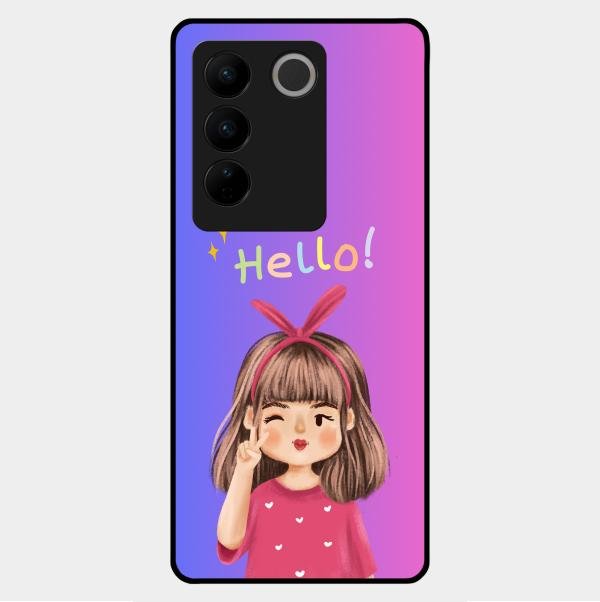 Cute Girl Hello Glass Case For Vivo V27 5G