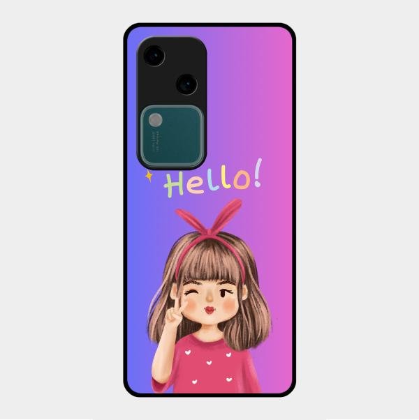 Cute Girl Hello Glass Case For Vivo V30 5G