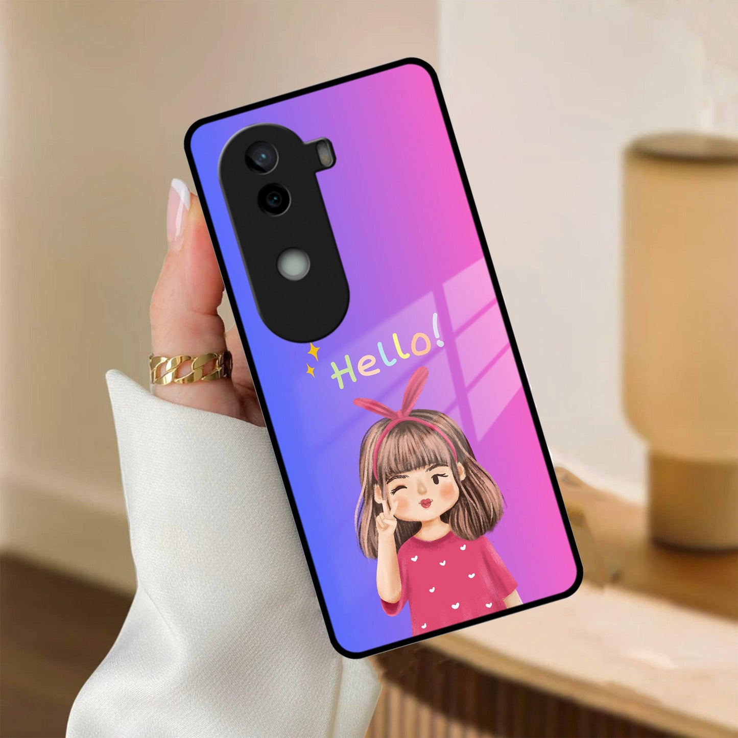 Cute Girl Hello Glass Case For iQOO