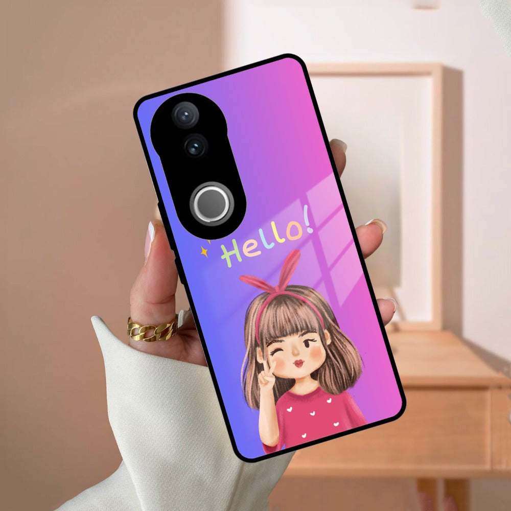 Cute Girl Hello Glass Case For iQOO
