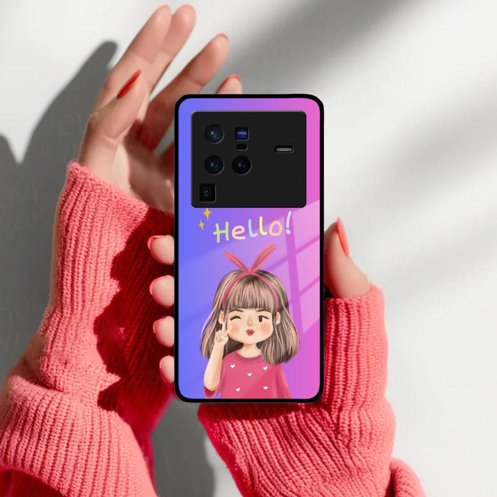 Cute Girl Hello Glass Case For iQOO