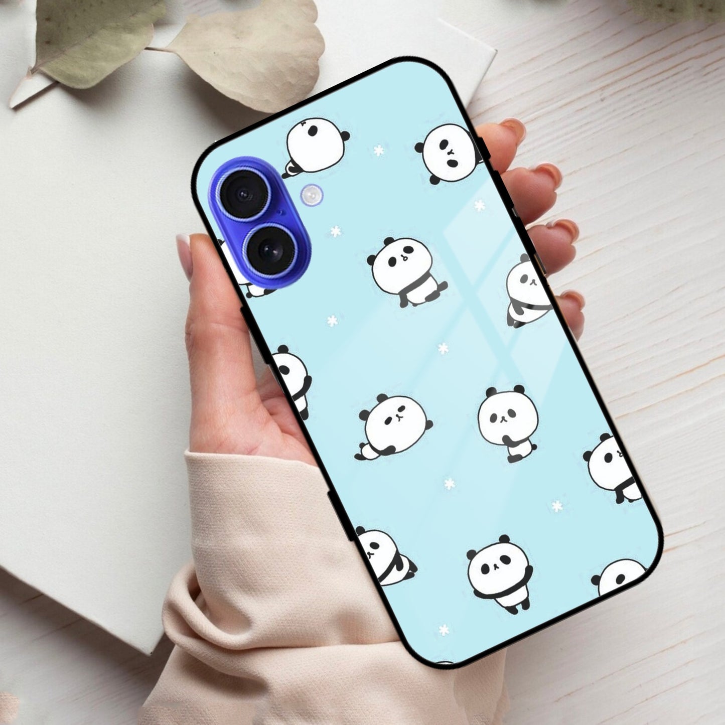 Cute Panda Blue Glass Case Cover For iPhone