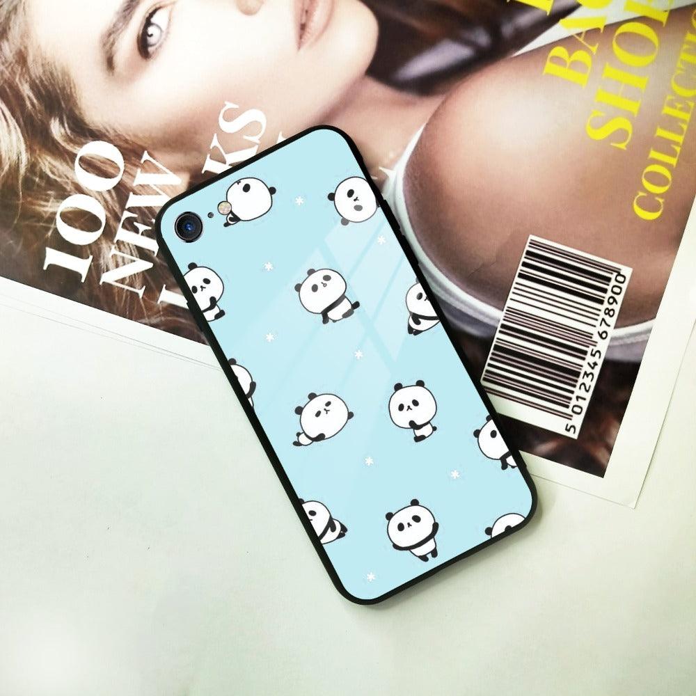 Cute Panda Blue Glass Case Cover For iPhone