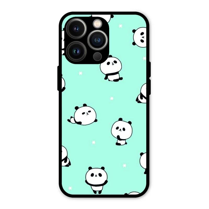 Cute Panda Blue Glossy Metal Case Cover For iPhone 13 Pro