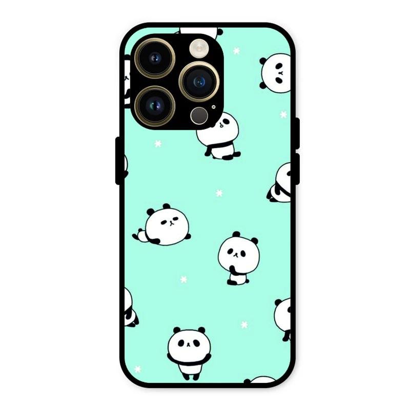 Cute Panda Blue Glossy Metal Case Cover For iPhone 14 Pro Max