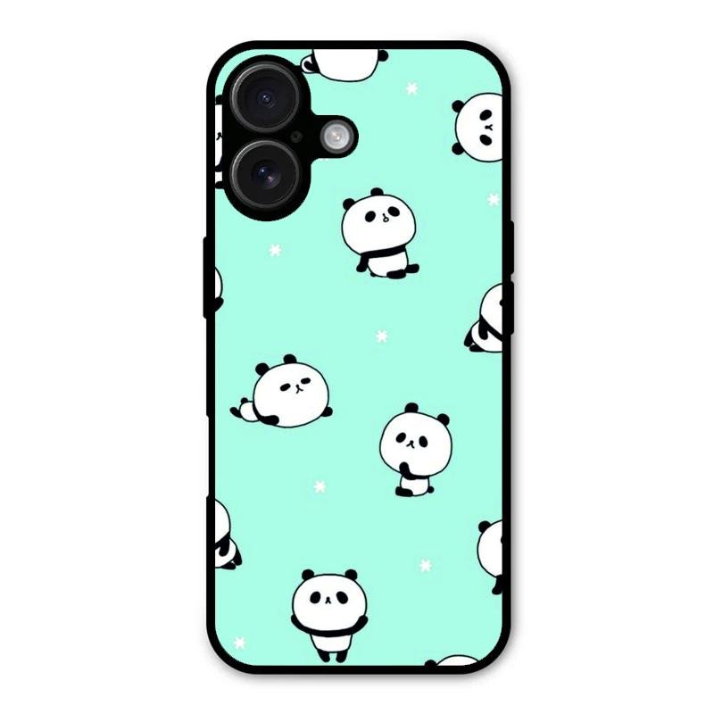 Cute Panda Blue Glossy Metal Case Cover For iPhone 16 Plus