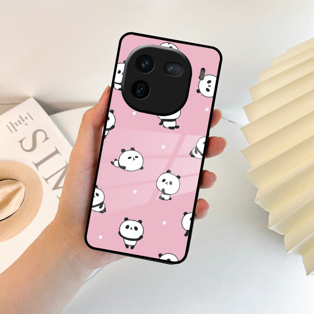 Cute Panda Pink Glass Case Cover For iQOO