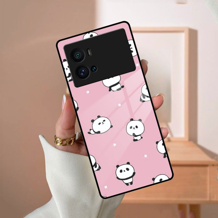 Cute Panda Pink Glass Case Cover For iQOO