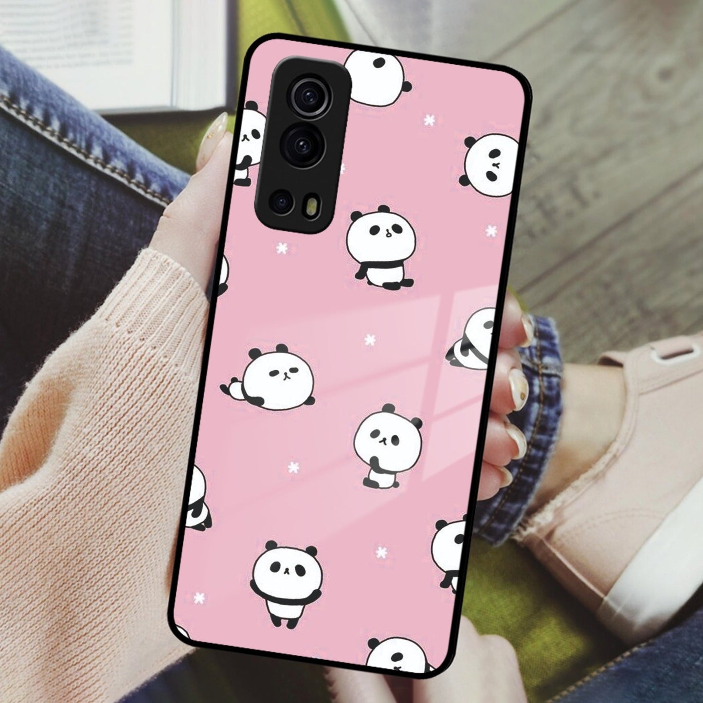 Cute Panda Pink Glass Case Cover For iQOO