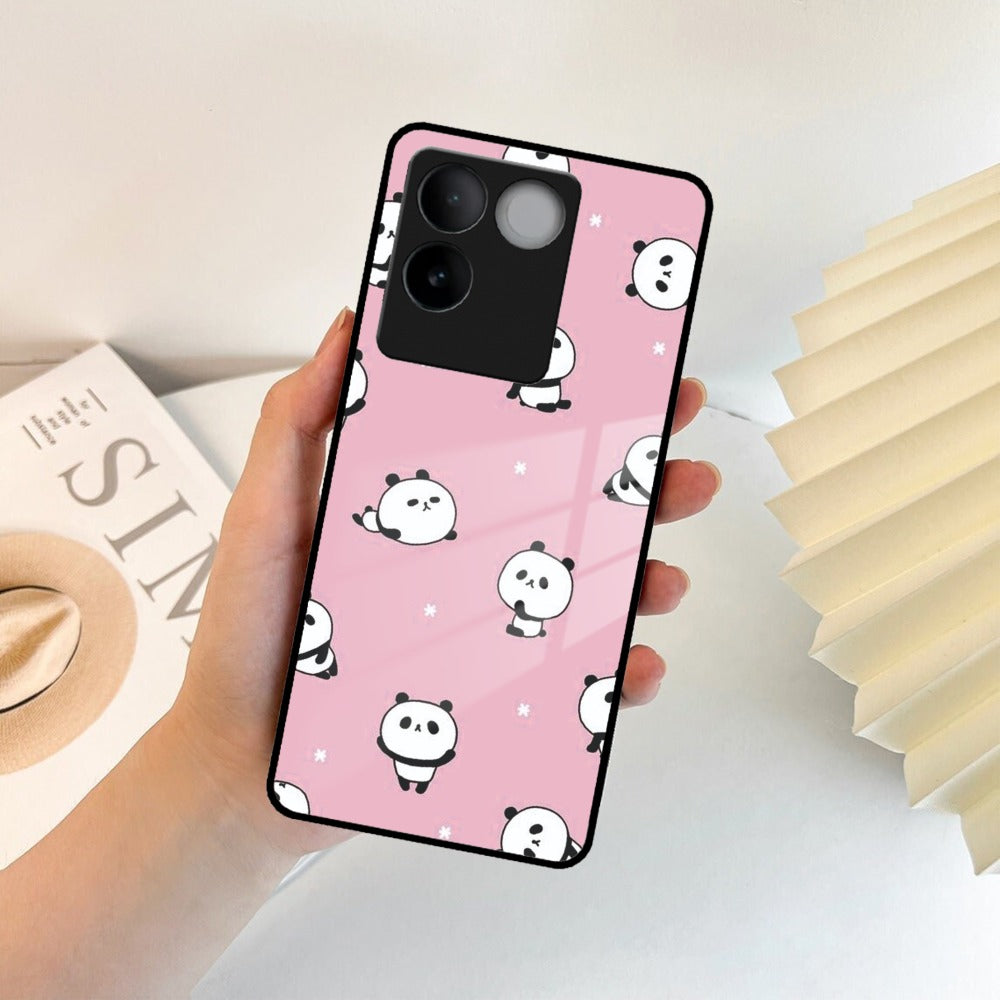 Cute Panda Pink Glass Case Cover For iQOO