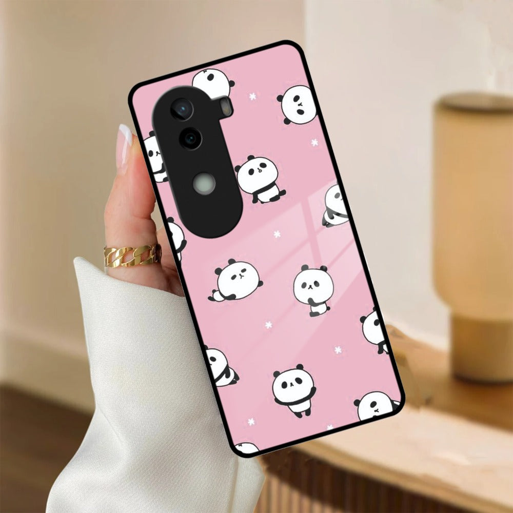 Cute Panda Pink Glass Case Cover For iQOO
