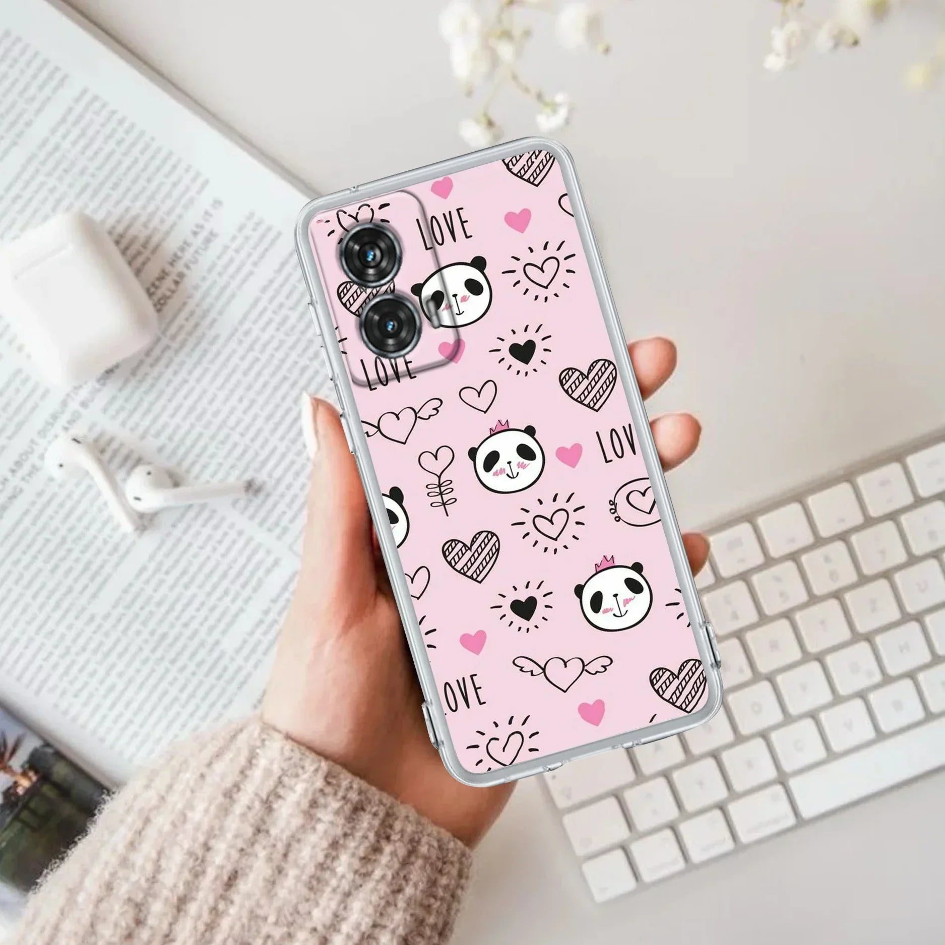 Cute Pink Panda Transparent Silicon Case For Motorola Edge 50 Fusion 5G