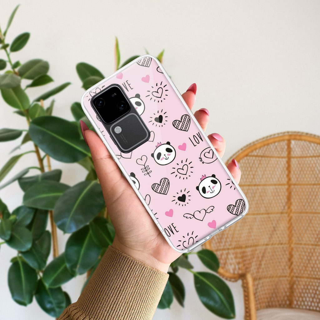 Cute Pink Panda Transparent Silicon Case For Vivo V30 5G