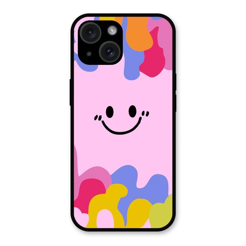Cute Pink Smiley Multicolor Glass Case For iPhone 15 Plus
