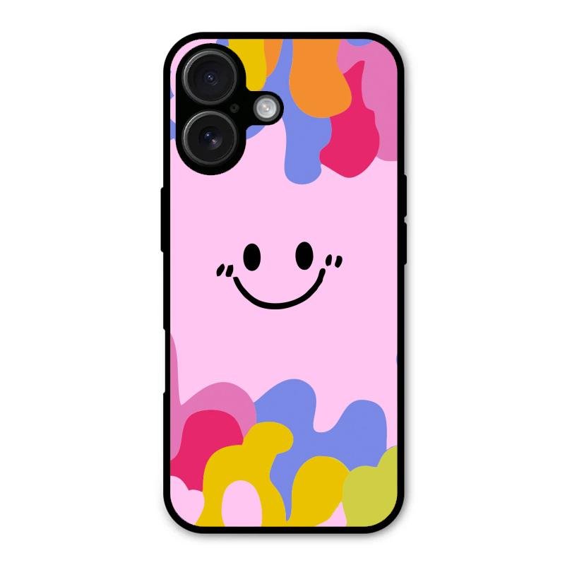 Cute Pink Smiley Multicolor Glass Case For iPhone 16 Plus