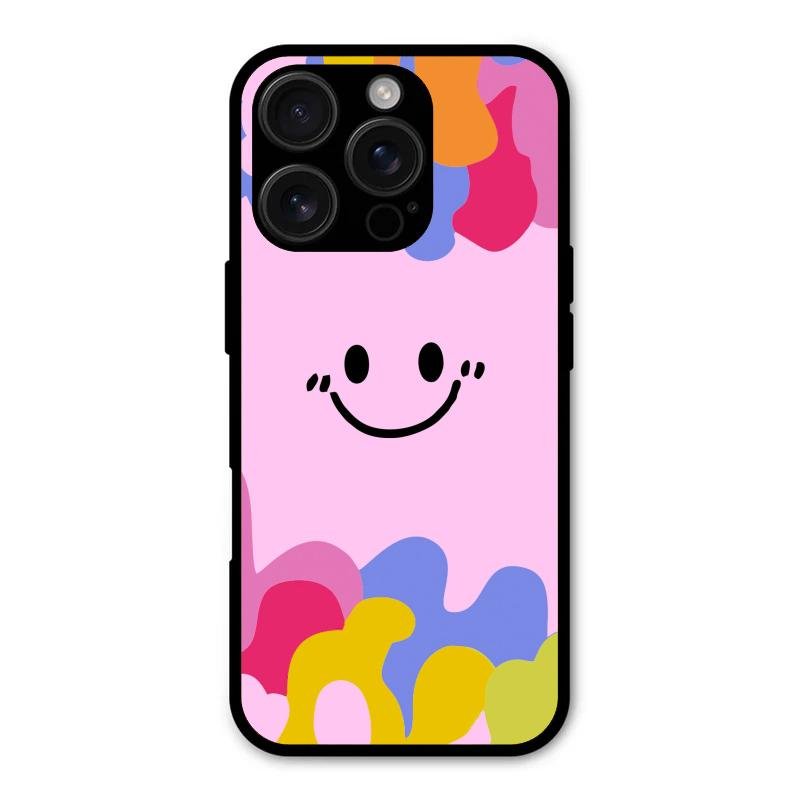 Cute Pink Smiley Multicolor Glass Case For iPhone 16 Pro