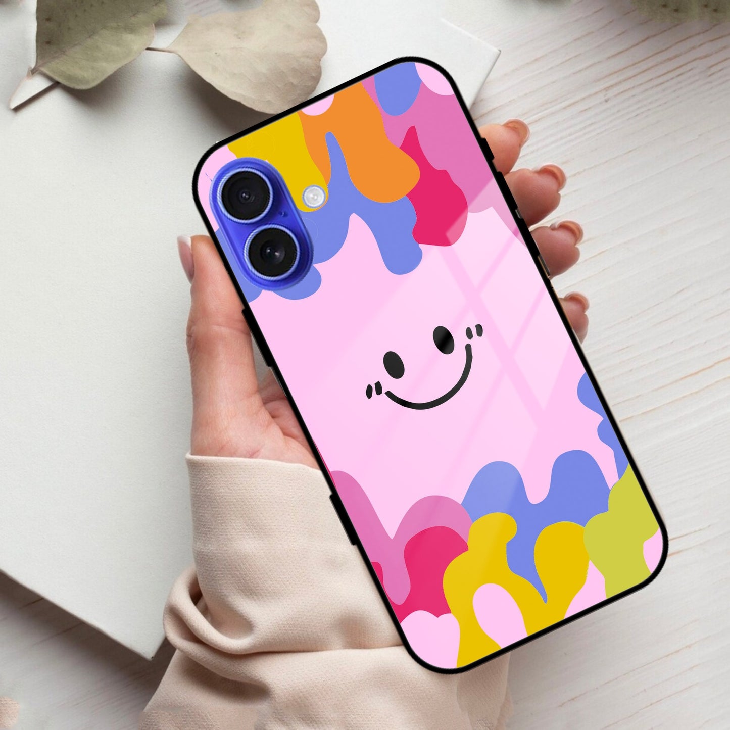 Cute Pink Smiley Multicolor Glass Case For iPhone