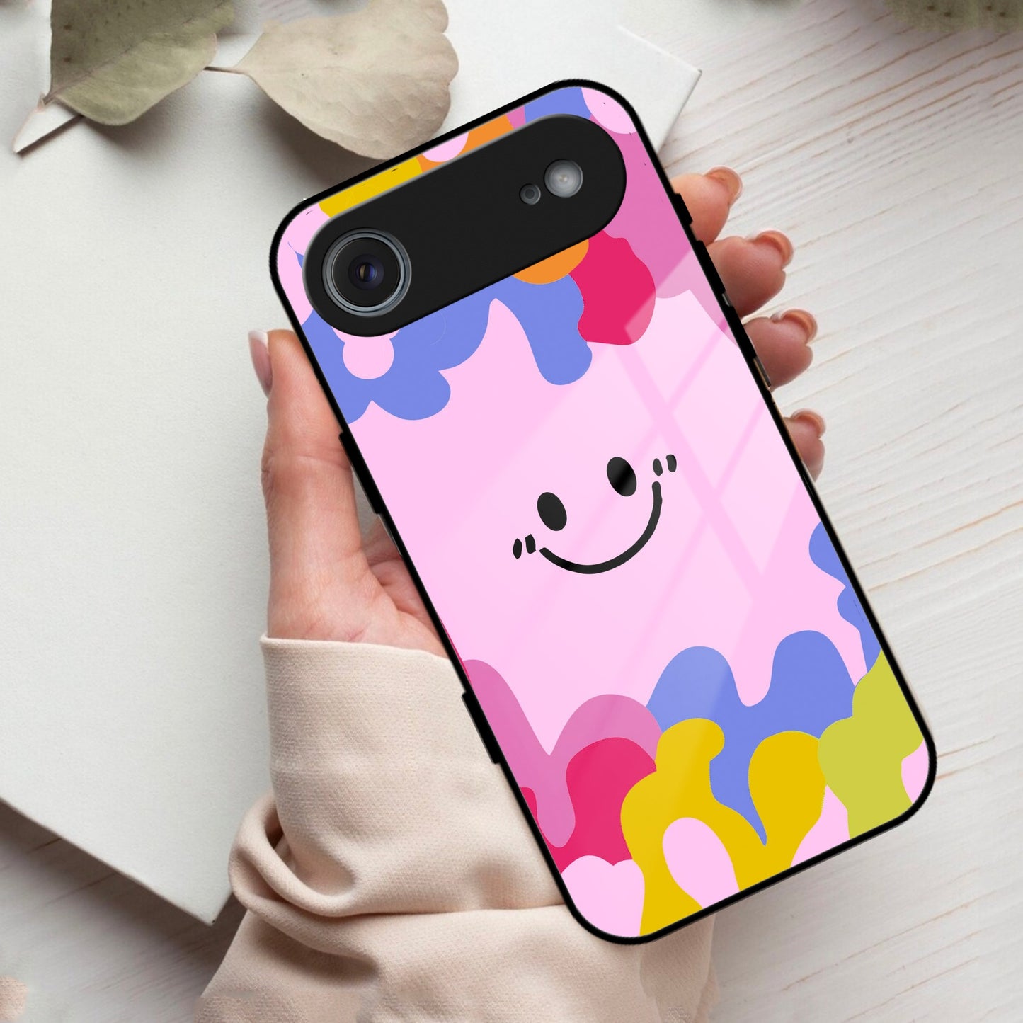 Cute Pink Smiley Multicolor Glass Case For iPhone