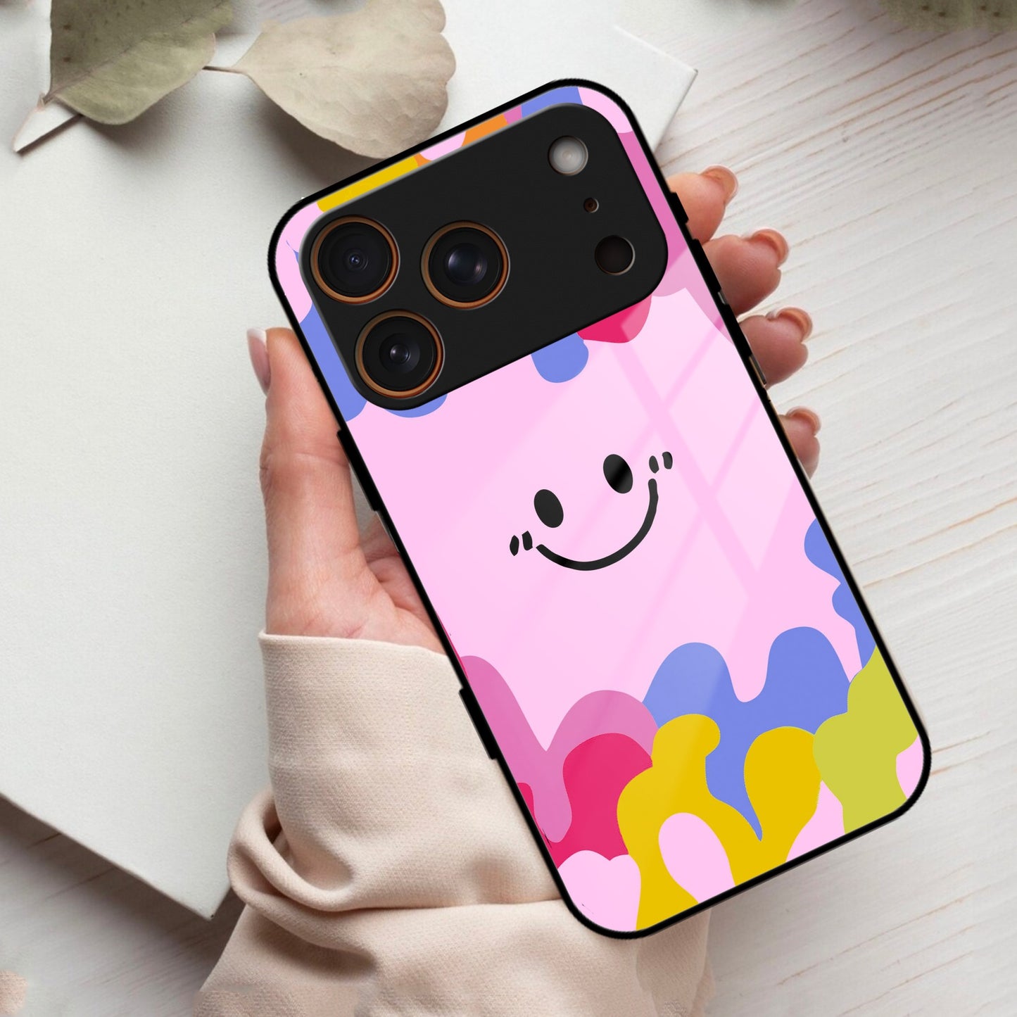 Cute Pink Smiley Multicolor Glass Case For iPhone
