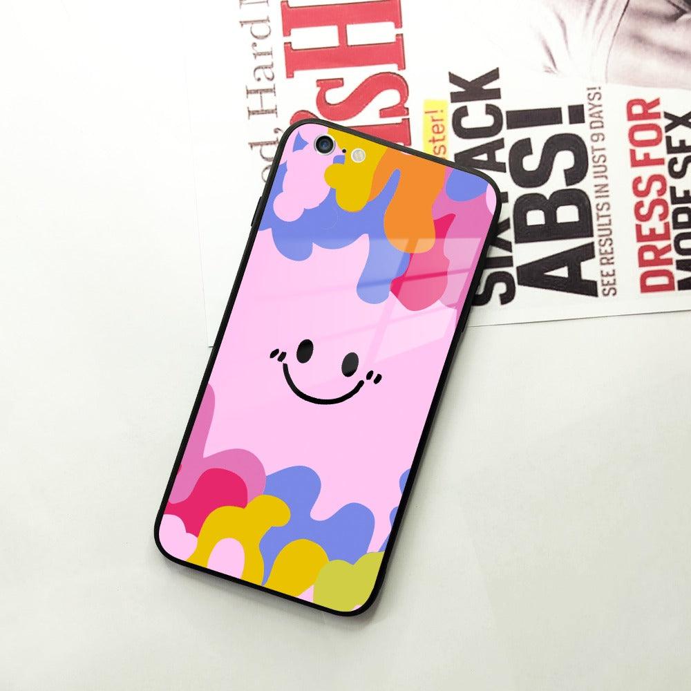 Cute Pink Smiley Multicolor Glass Case For iPhone