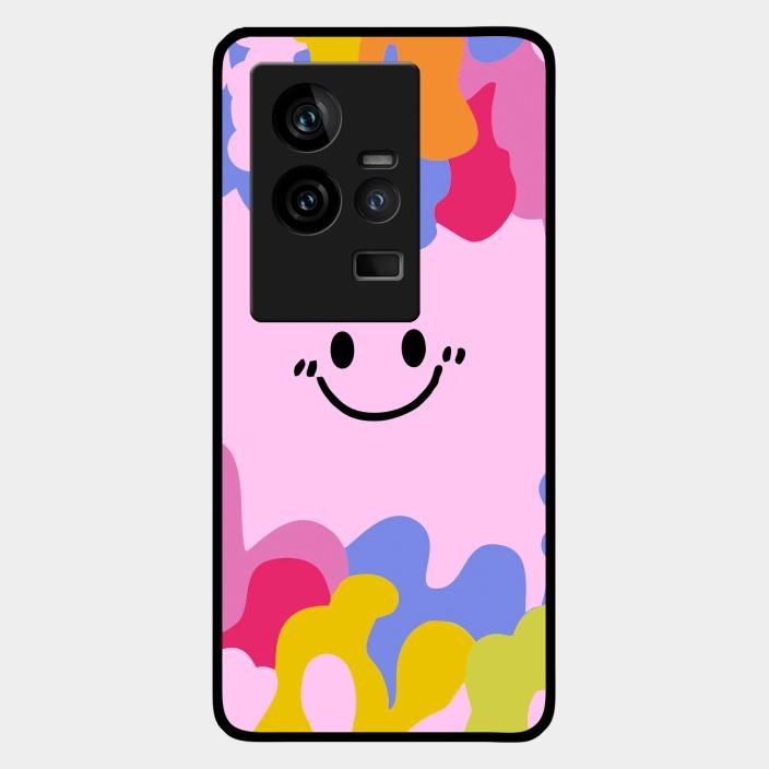 Cute Pink Smiley Multicolor Glass Case For Iqoo 11 5G